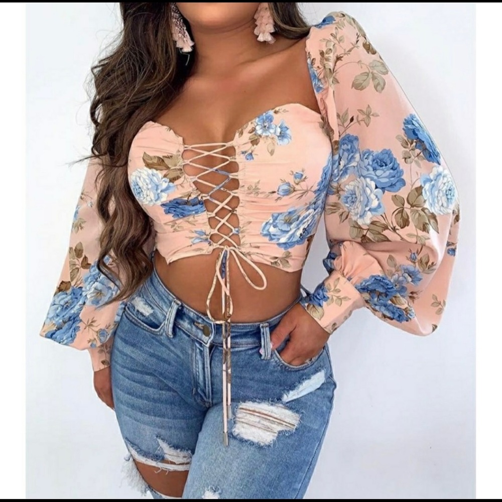 lFloral Lace-up Drawstring Crop Top Size X-Large fits like Large or Medium - Picture 2 of 4